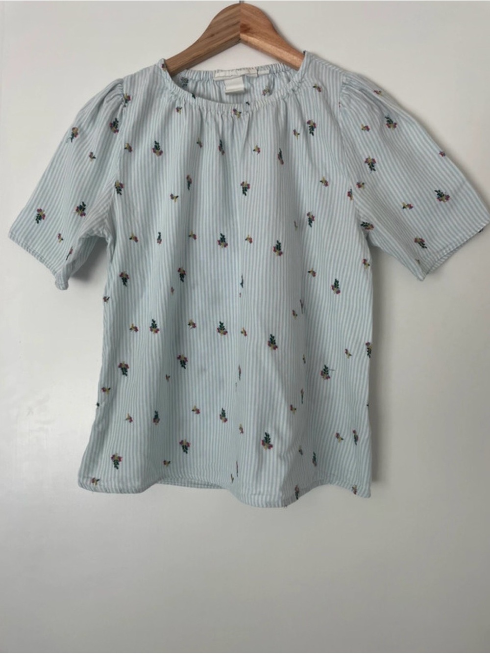 H&M Light Blue Striped Floral Peasant Top